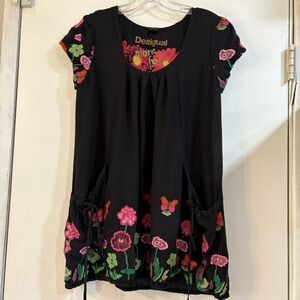 Desigual Flower Day Embroidered Tunic Top Long Line Butterfly Black Y2K
